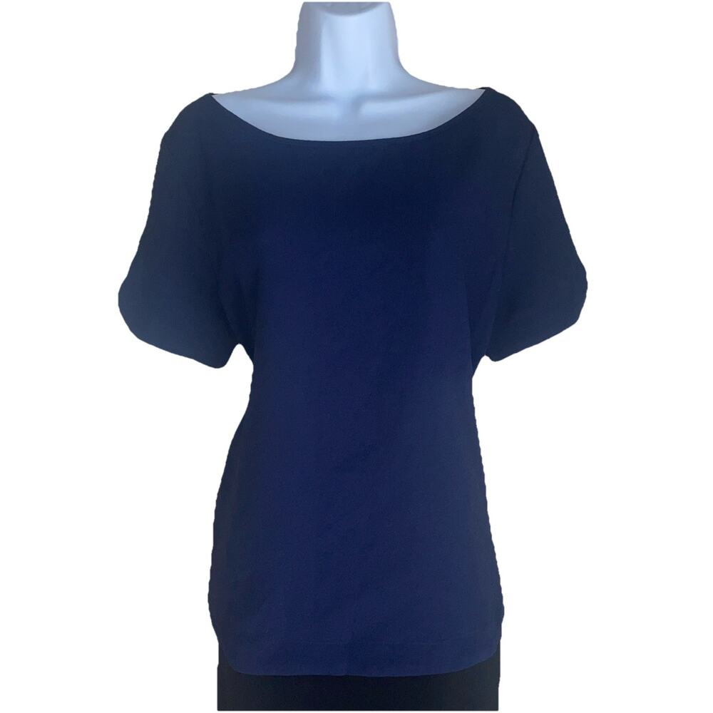 VTG Mittoshop Large Navy Blue Short Sleeve Blouse Womens Top Back Zipper Classy